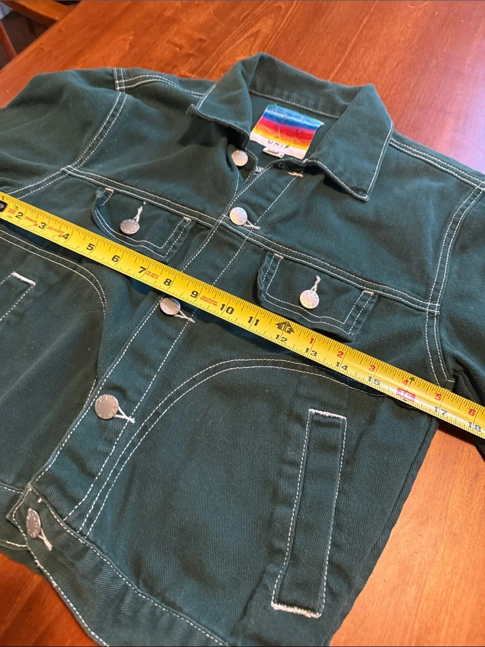 UNIF Green Denim Jacket Contrast White Topstitching Silver-Tone Buttons Small